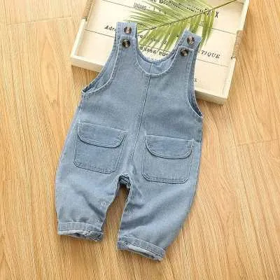 Cotton bib jeans children's overalls high-waist button zipper soft treatment suitable height 80-110cm