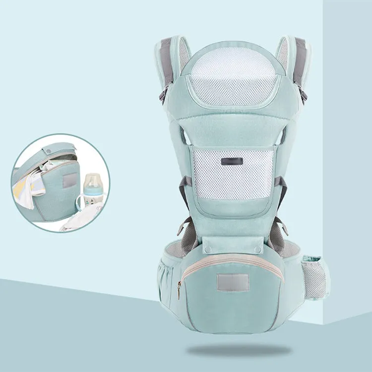 Four Seasons baby waist stool carrier in Ice Star Green cotton with shoulder straps and waist stool