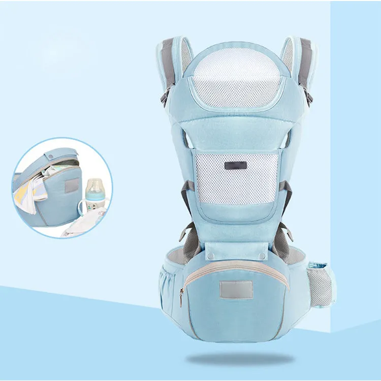 Four Seasons baby waist stool carrier in Ice Star Green cotton with shoulder straps and waist stool