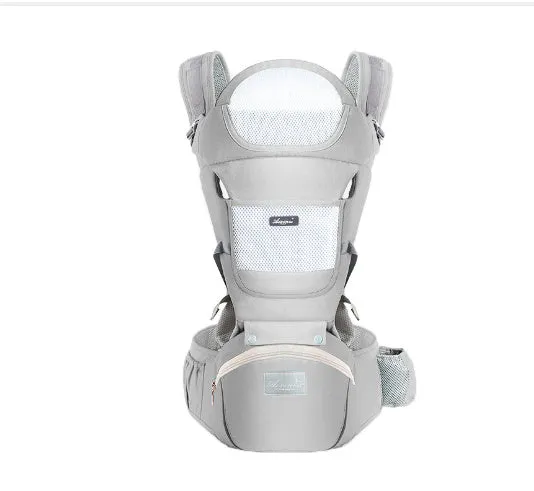 Four Seasons baby waist stool carrier in Ice Star Green cotton with shoulder straps and waist stool