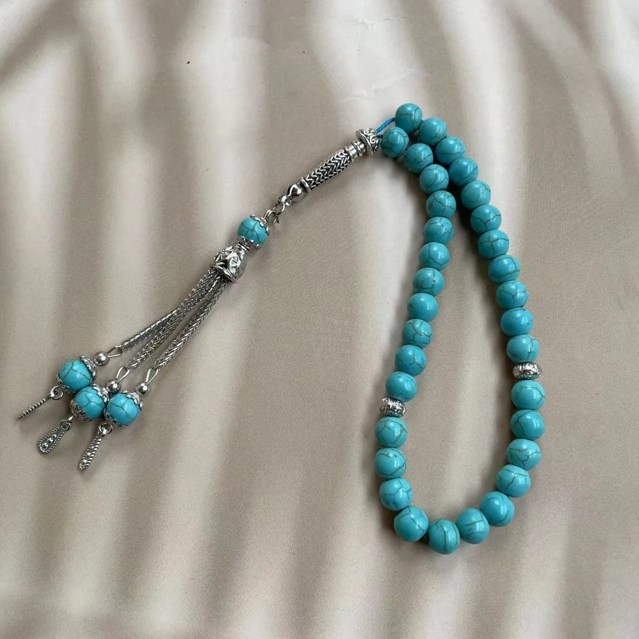 Handmade Muslim worship bracelet with 8mm sky blue stone beads for daily prayer and dhikr