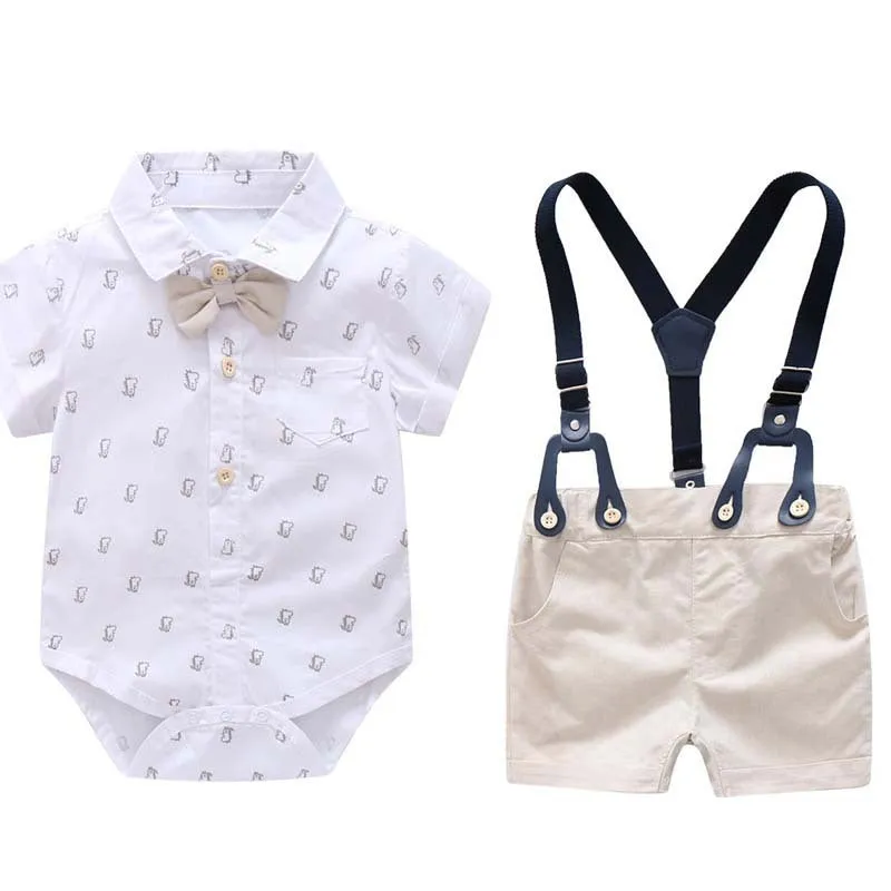 Baby boy white cotton gentleman suit with jacket and trousers in formal style