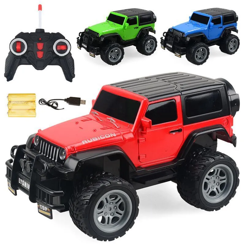 Children's plastic four-way remote control off-road car with flashing lights in green