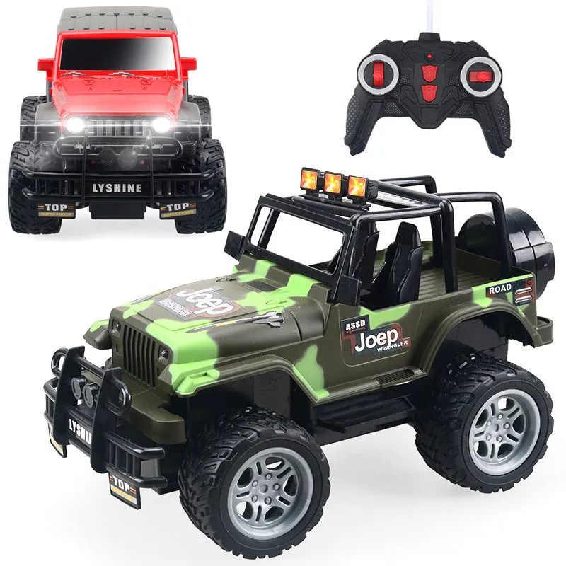 Children's plastic four-way remote control off-road car with flashing lights in green