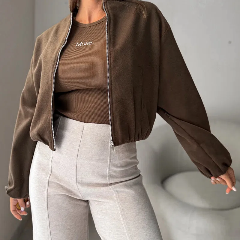Women's off-shoulder lantern sleeve short coat in brown or milky white polyester