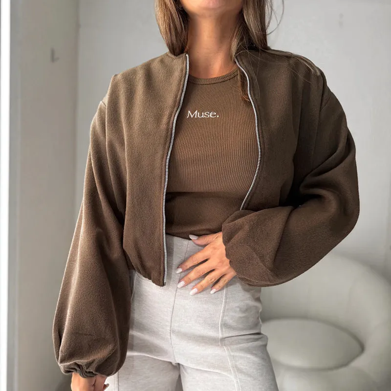 Women's off-shoulder lantern sleeve short coat in brown or milky white polyester