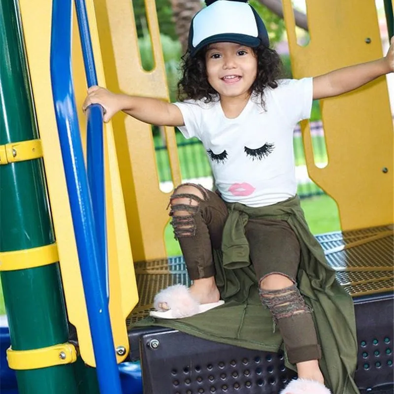 Pudcoco white girl set with eyelash short sleeve top and ripped trousers on child model