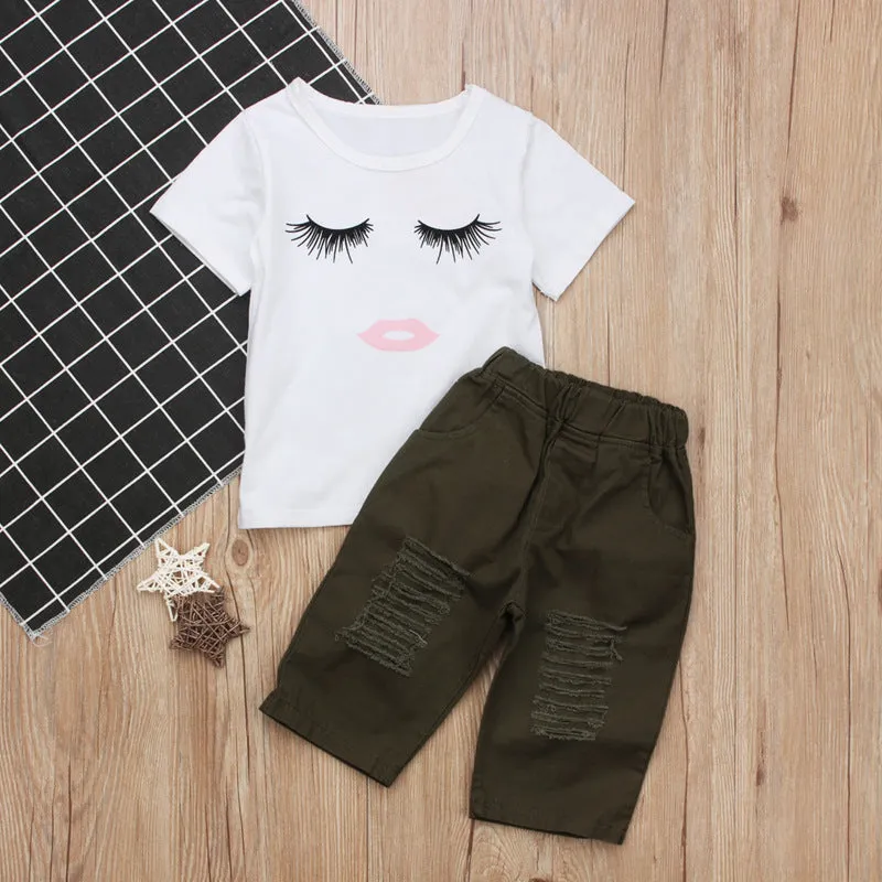 Pudcoco white girl set with eyelash short sleeve top and ripped trousers on child model