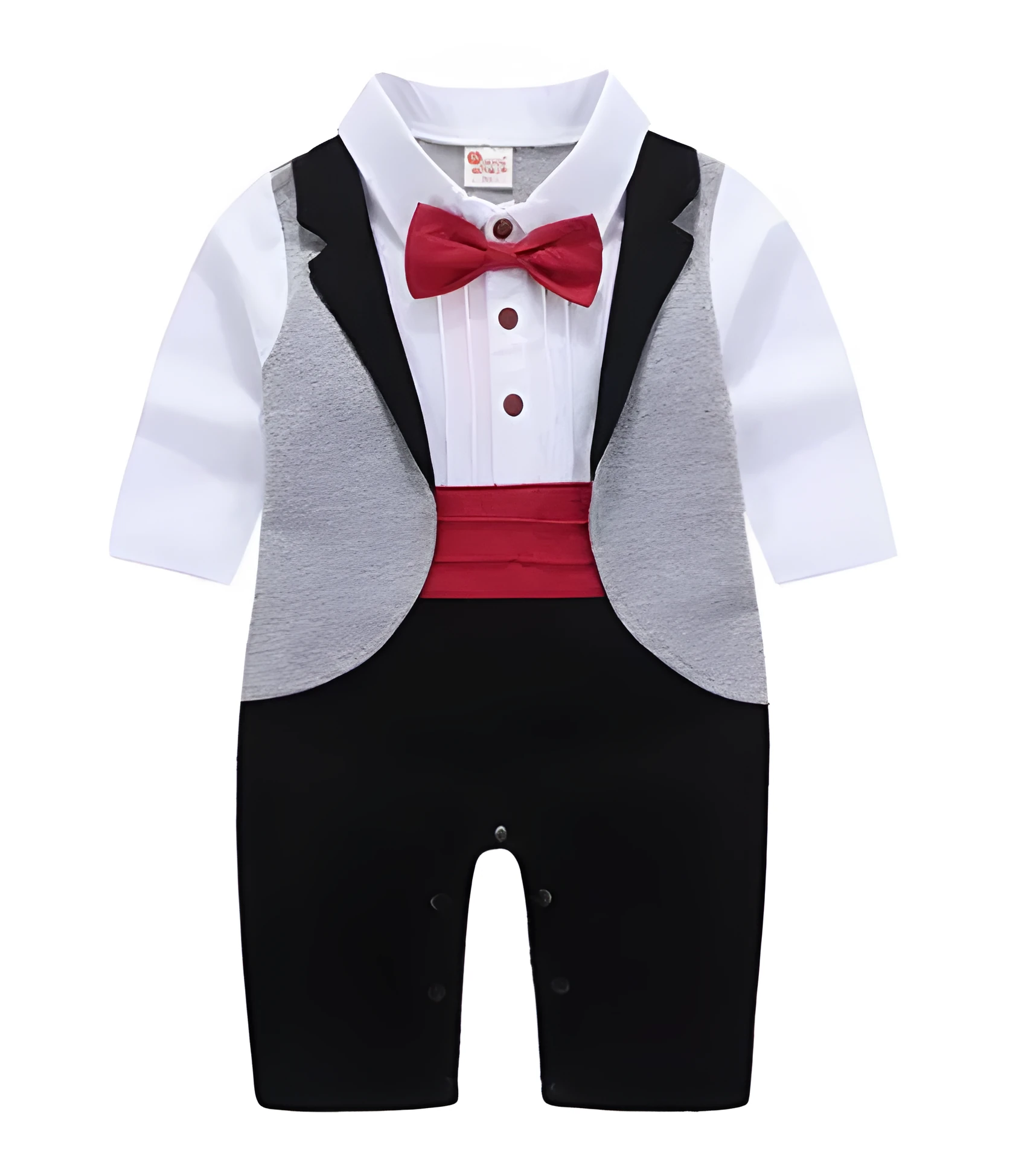 Boys' long-sleeved gentleman romper in black with formal collar, front view, available in sizes 70-95