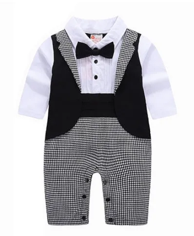 Boys' long-sleeved gentleman romper in black with formal collar, front view, available in sizes 70-95