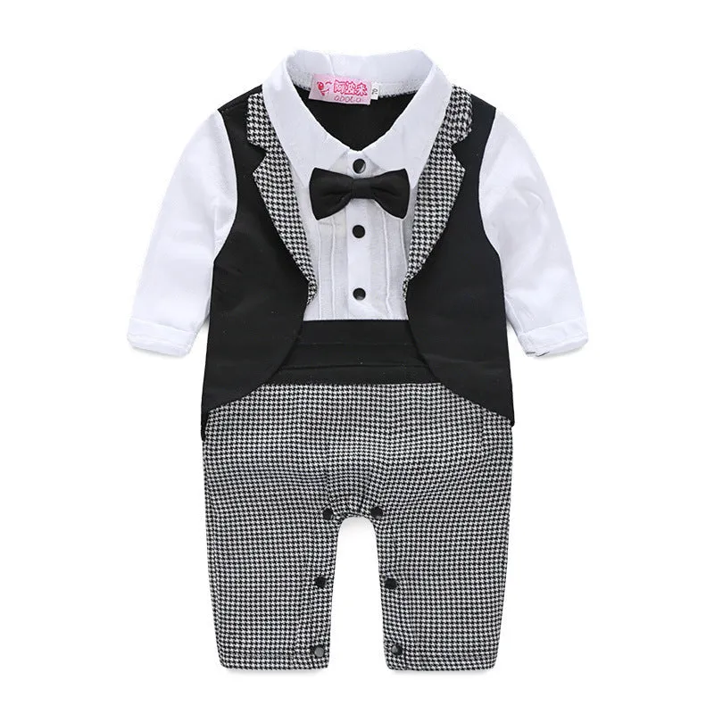 Boys' long-sleeved gentleman romper in black with formal collar, front view, available in sizes 70-95