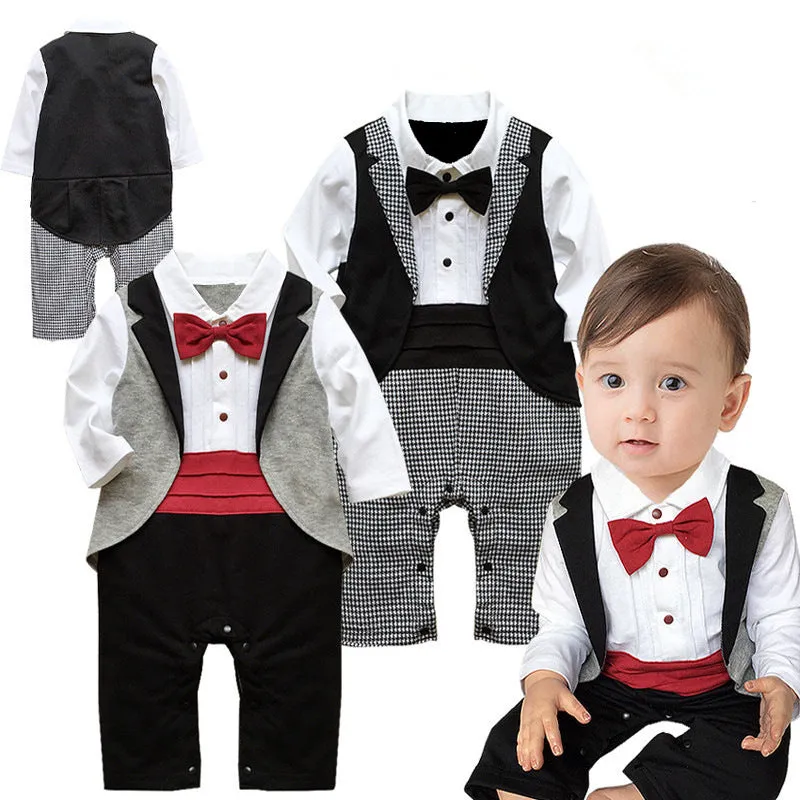 Boys' long-sleeved gentleman romper in black with formal collar, front view, available in sizes 70-95