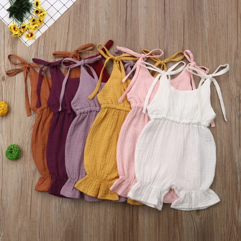 Baby girls sleeveless solid cotton romper jumpsuit in pullover style available in multiple colours