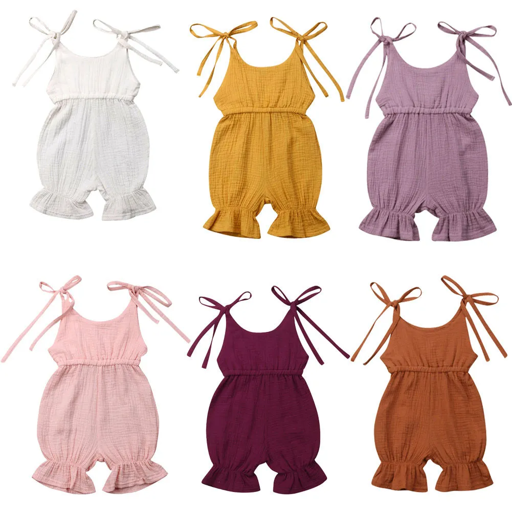 Baby girls sleeveless solid cotton romper jumpsuit in pullover style available in multiple colours