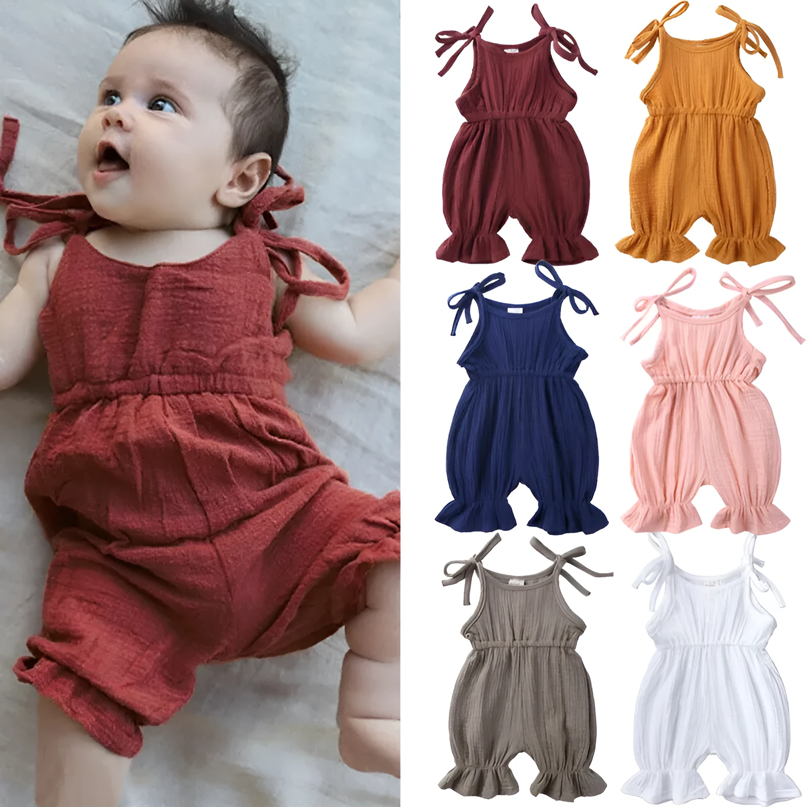 Baby girls sleeveless solid cotton romper jumpsuit in pullover style available in multiple colours