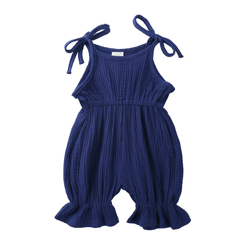 Baby girls sleeveless solid cotton romper jumpsuit in pullover style available in multiple colours