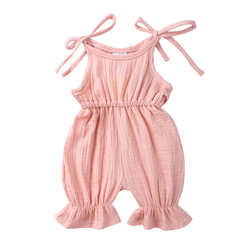 Baby girls sleeveless solid cotton romper jumpsuit in pullover style available in multiple colours