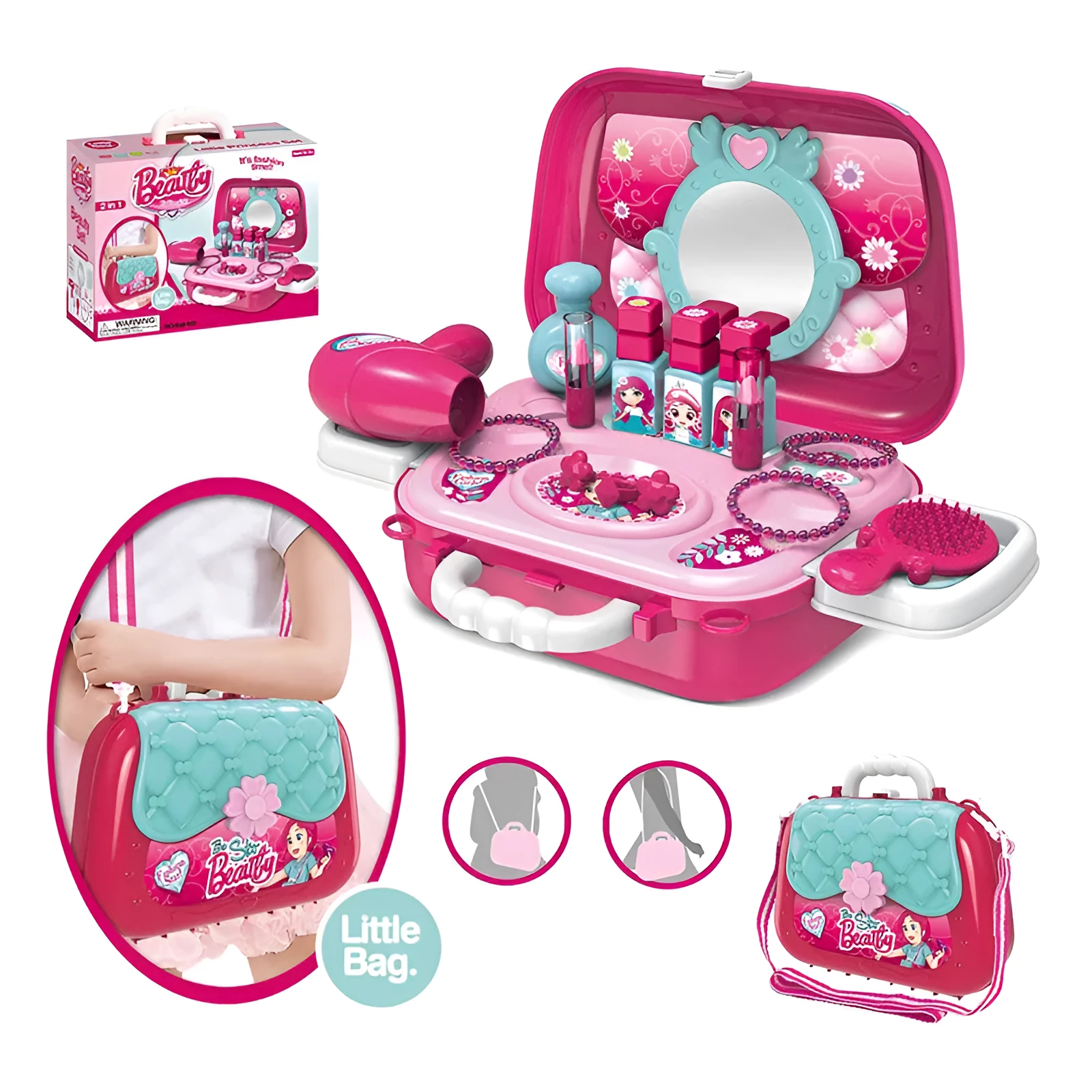 Children's portable cosmetics suitcase Pink make-up table plastic toy set for kids 4-6