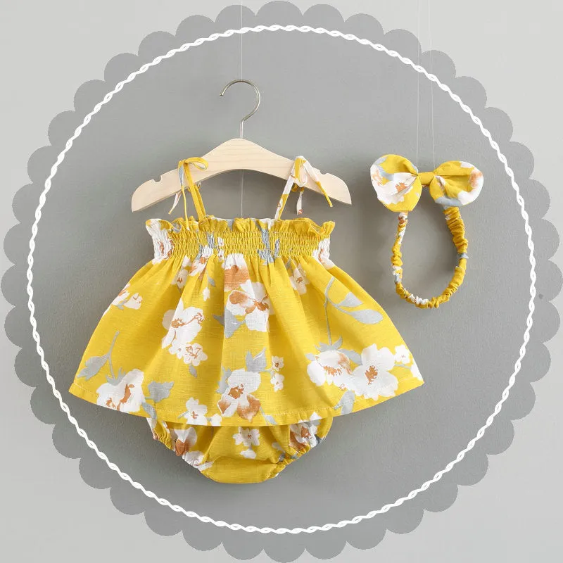 Baby summer cotton dress in blue with flower pattern and strap skirt style for toddler girls
