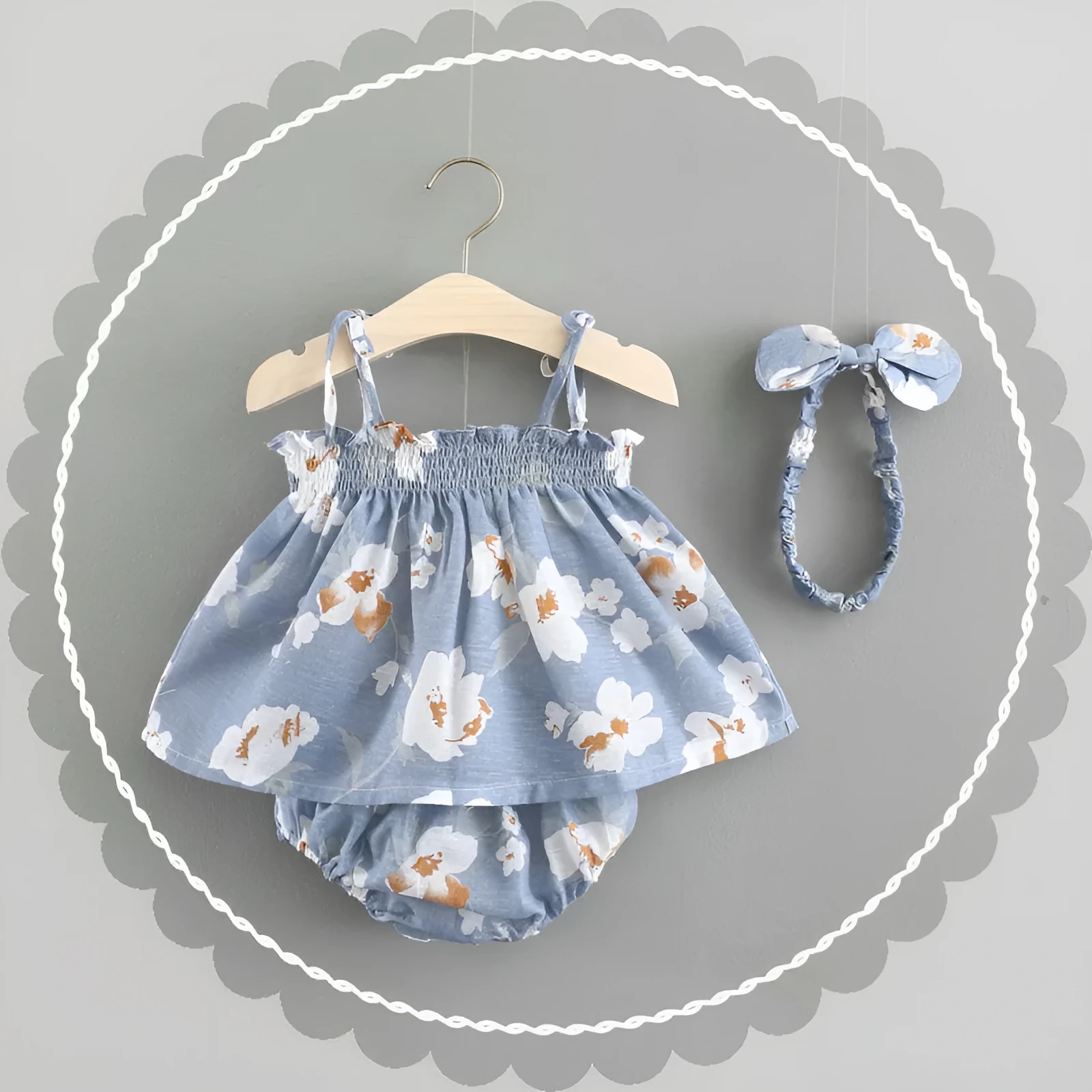 Baby summer cotton dress in blue with flower pattern and strap skirt style for toddler girls