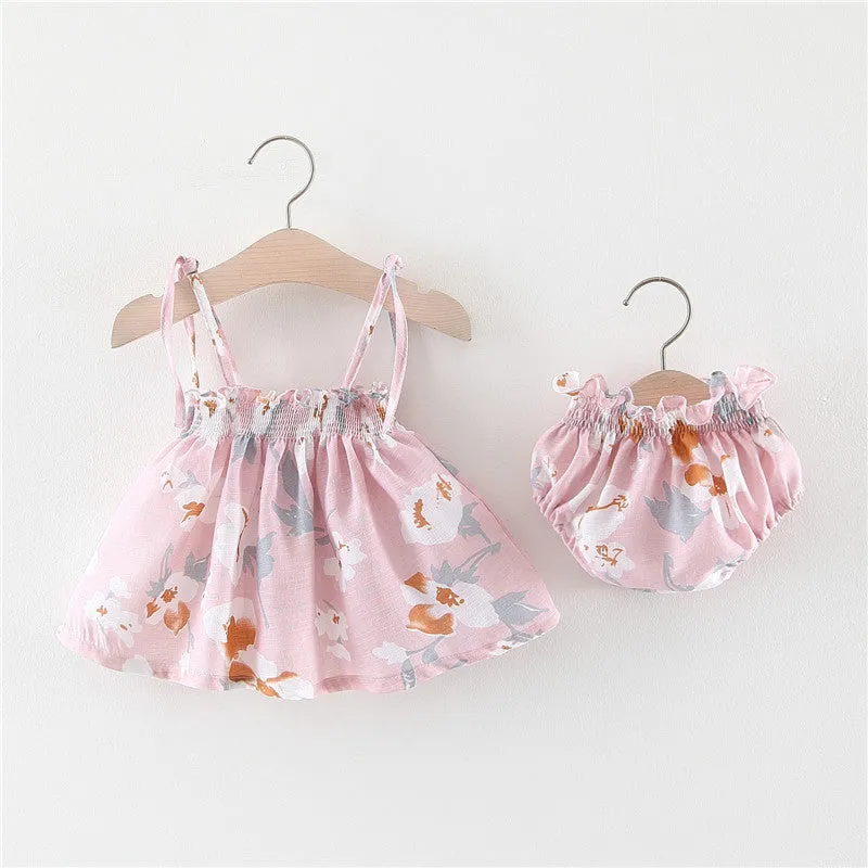 Baby summer cotton dress in blue with flower pattern and strap skirt style for toddler girls