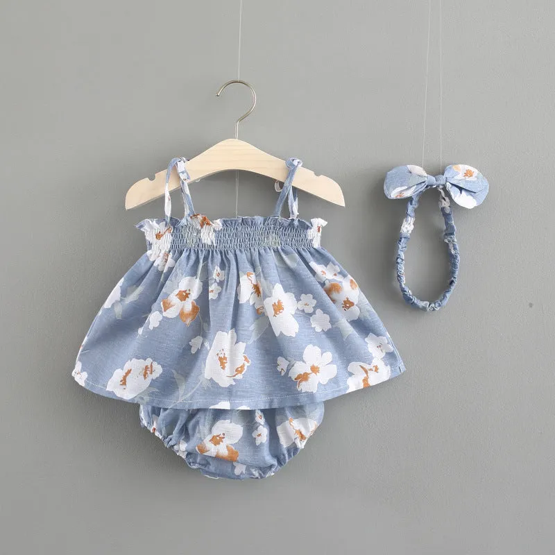 Baby summer cotton dress in blue with flower pattern and strap skirt style for toddler girls