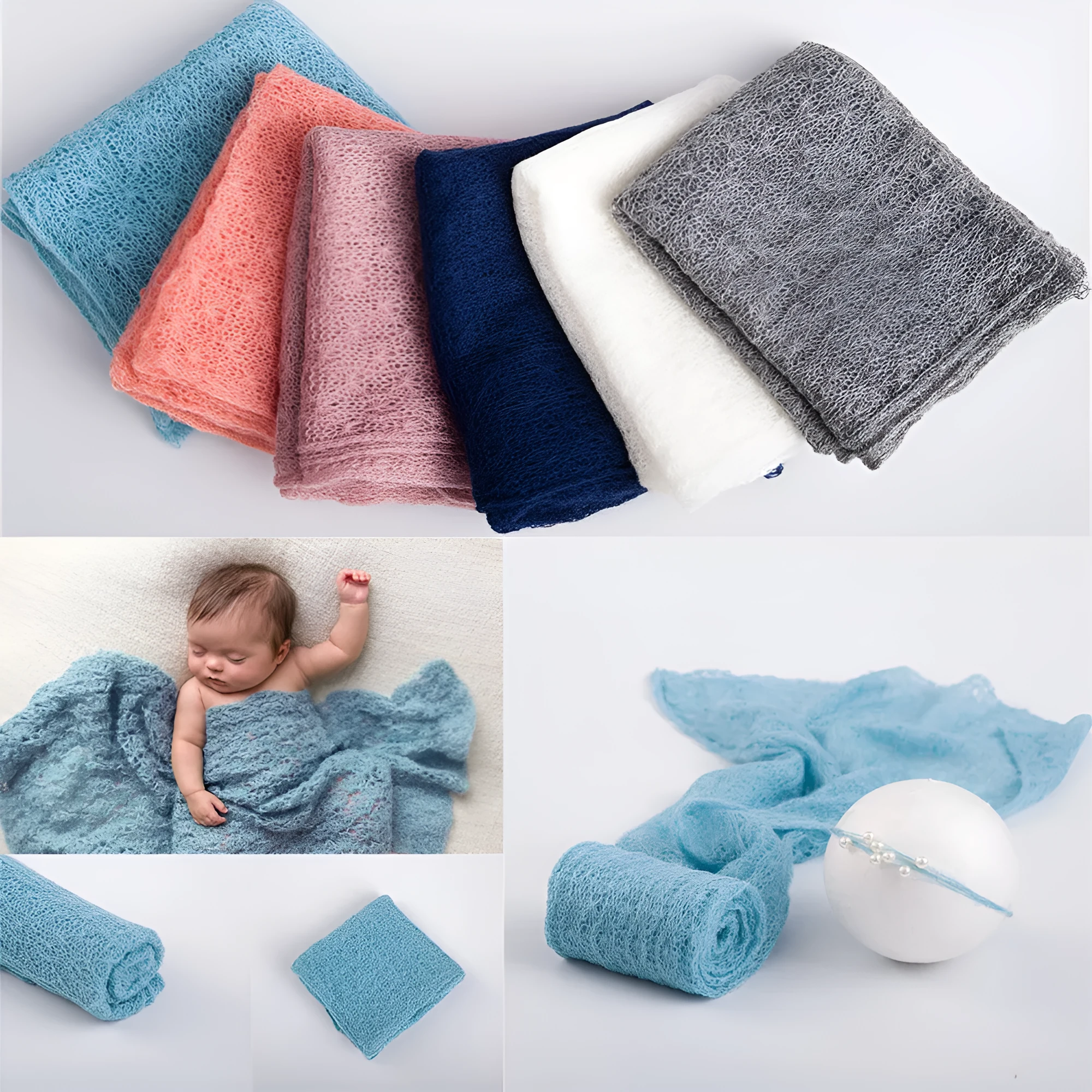 Soft mohair baby photography wrap 40x150cm in blue with matching hair accessories