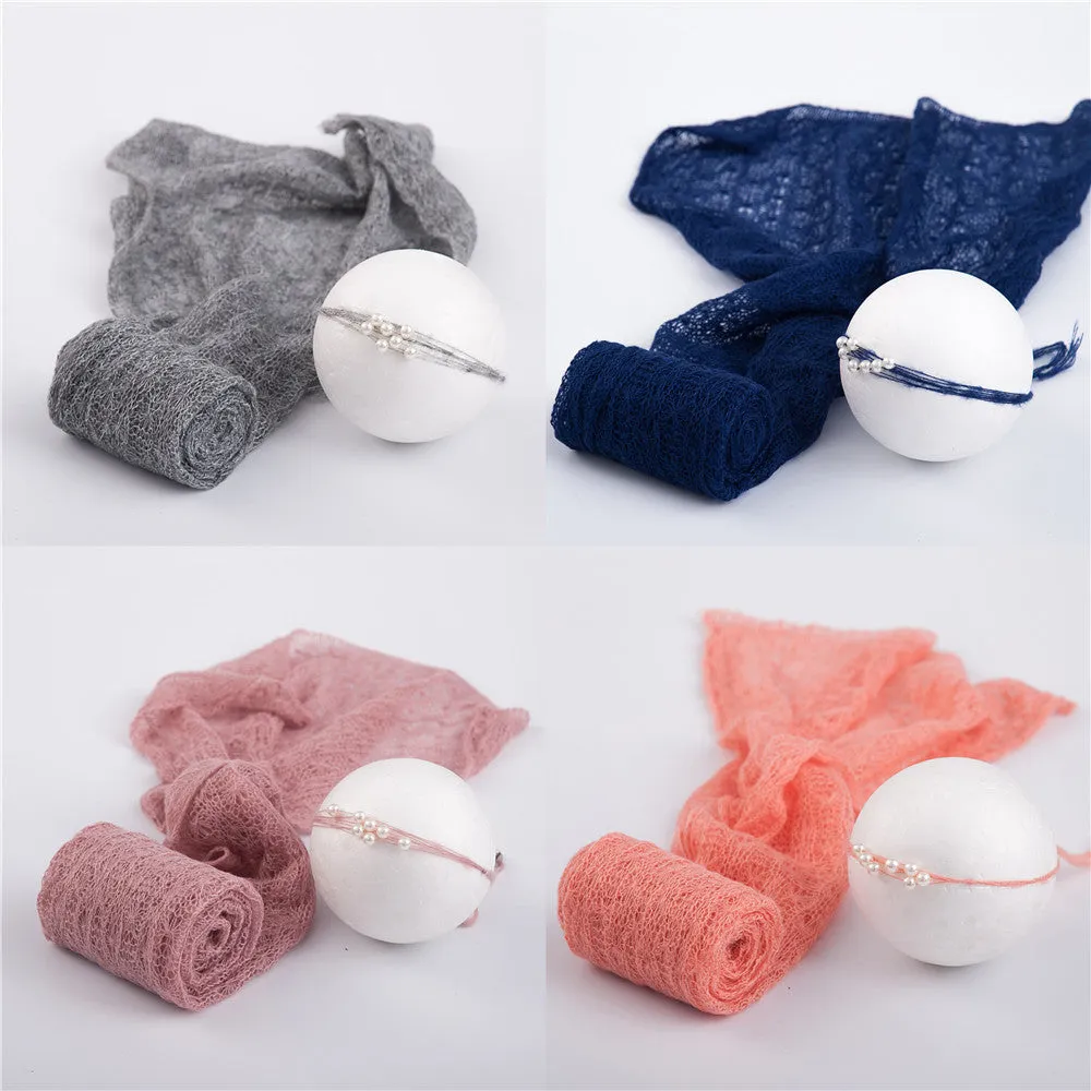 Soft mohair baby photography wrap 40x150cm in blue with matching hair accessories
