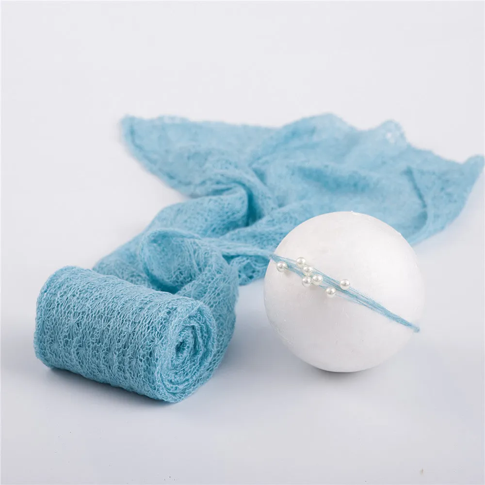 Soft mohair baby photography wrap 40x150cm in blue with matching hair accessories