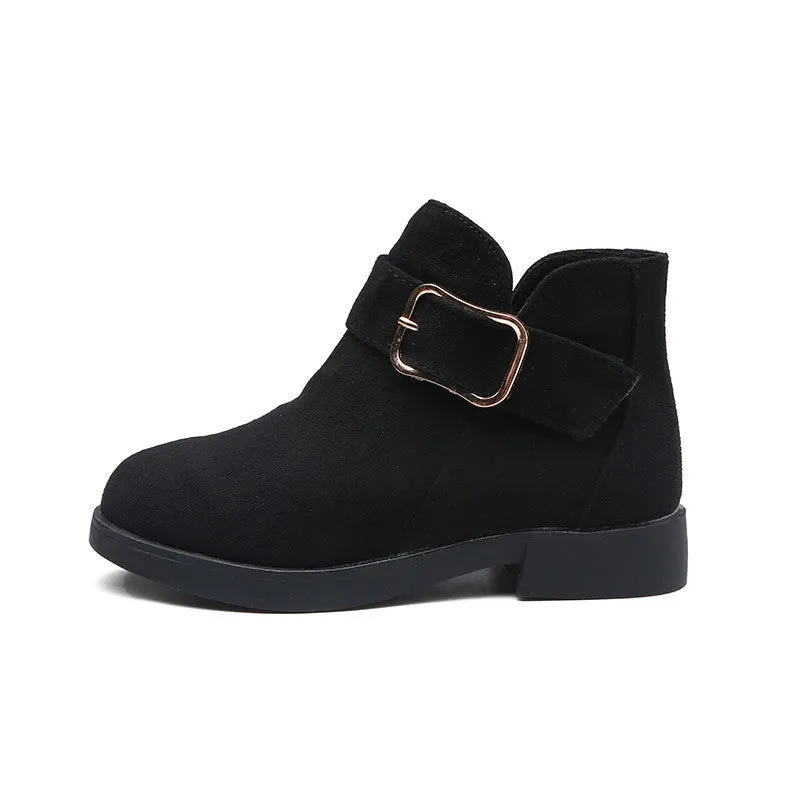 Big kids suede leather boots in black, side view, with rubber sole