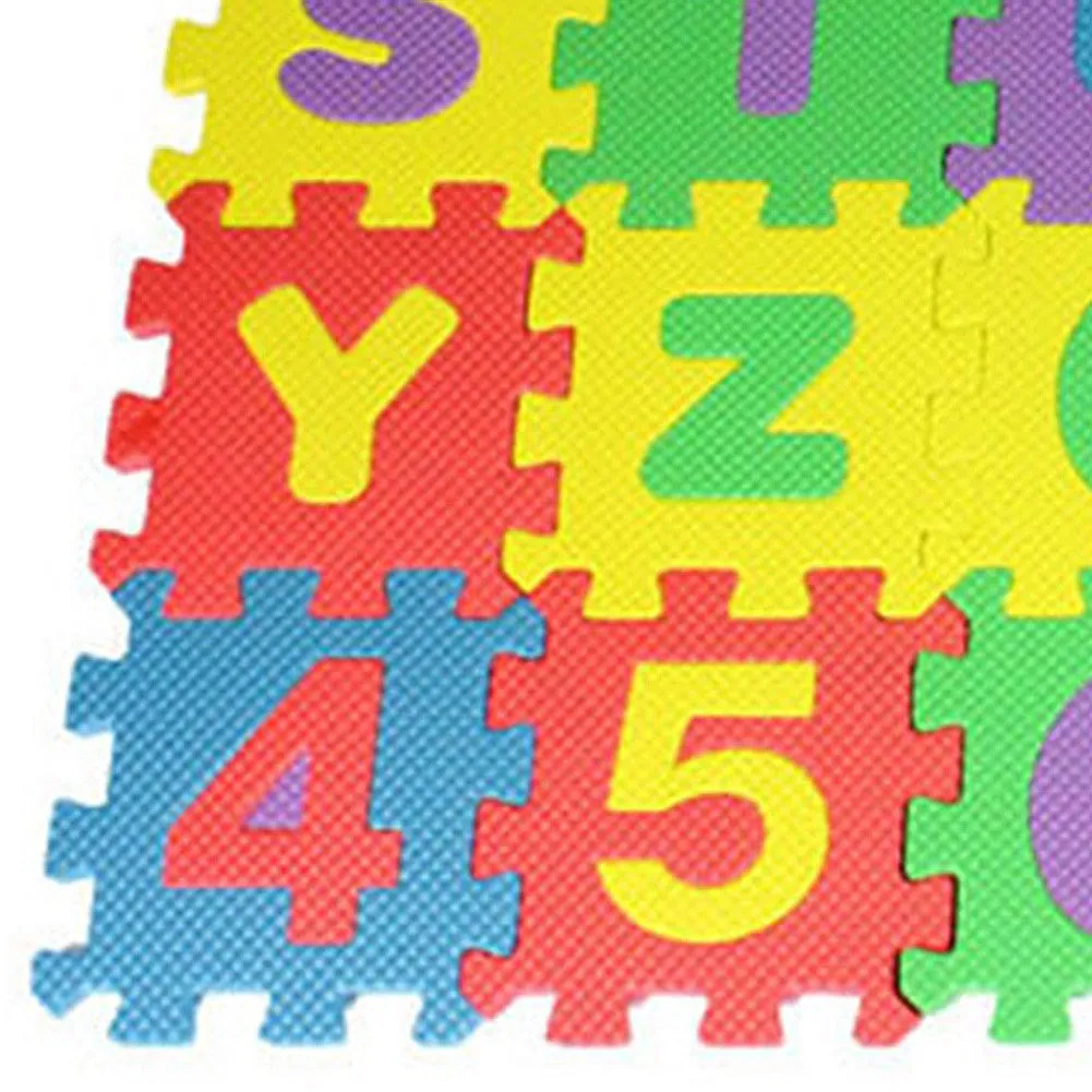 36-piece colourful foam puzzle mat set with removable alphabet and numbers, each tile 12cm x 12cm