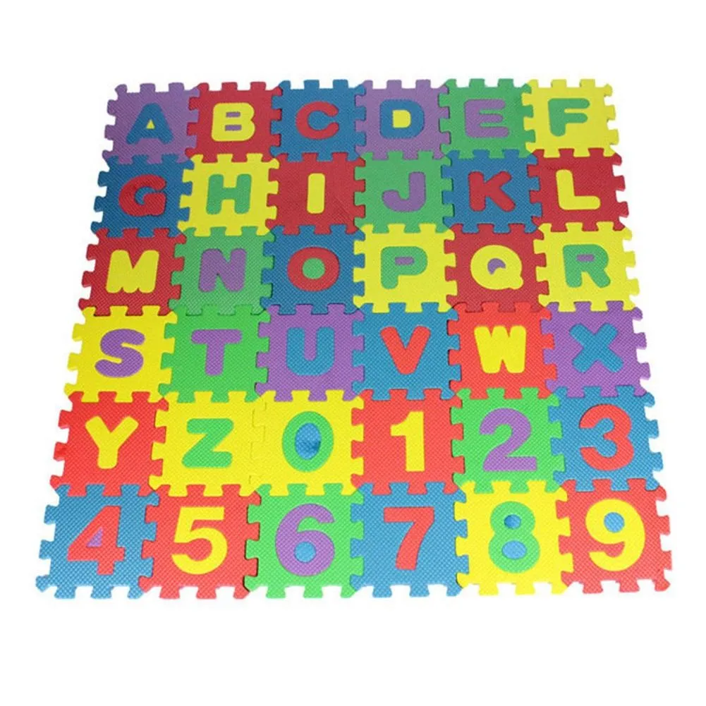 36-piece colourful foam puzzle mat set with removable alphabet and numbers, each tile 12cm x 12cm