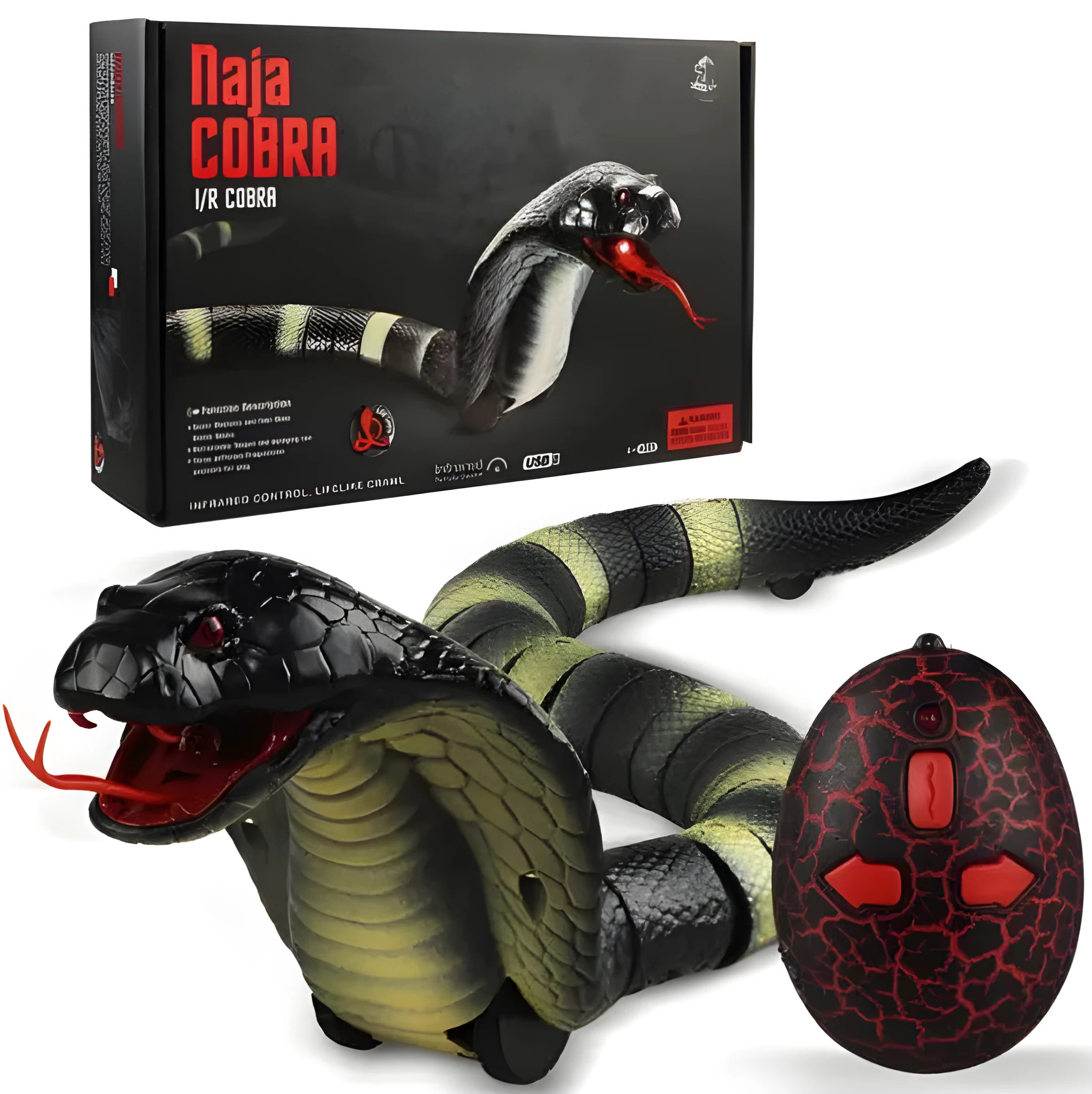 Novelty Remote Control Snake in green colour, 38 cm plastic toy with retractable tongue on a wooden floor