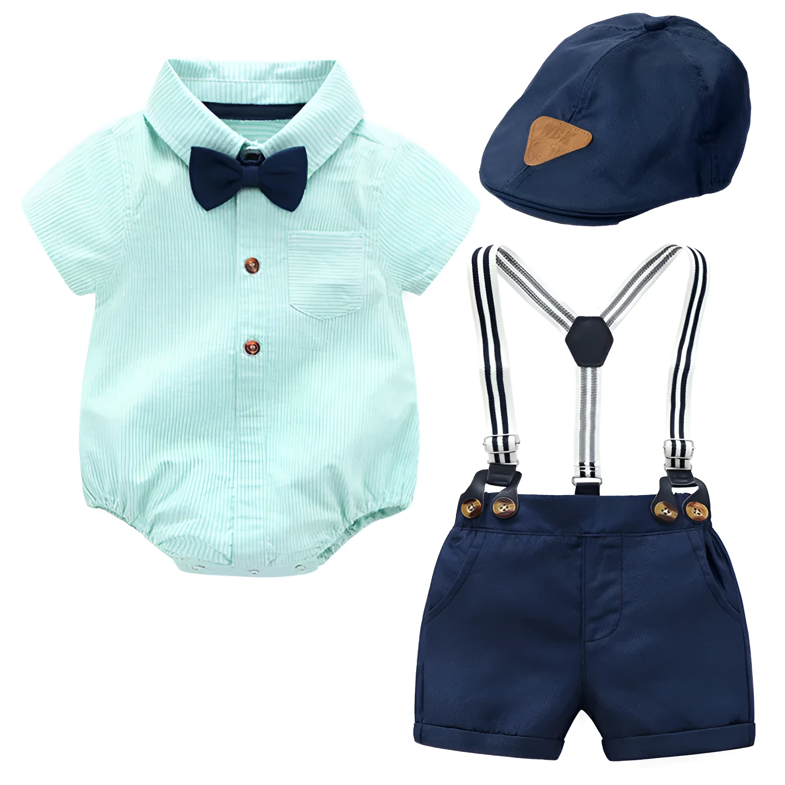 Green cotton triangle climbing romper with detachable hood for infant boys