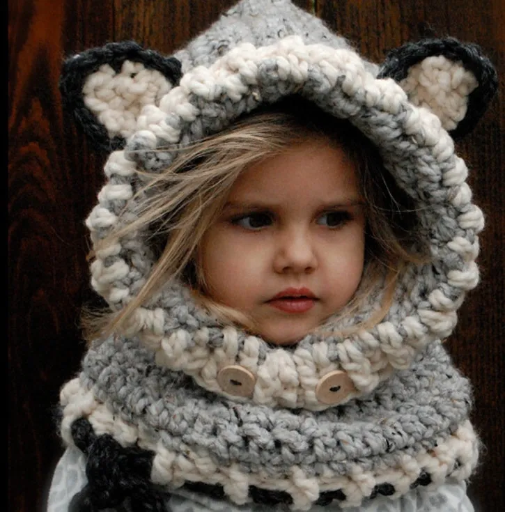 Hand-knitted acrylic children's hat with earmuff cape in gray and orange, 45-55cm size
