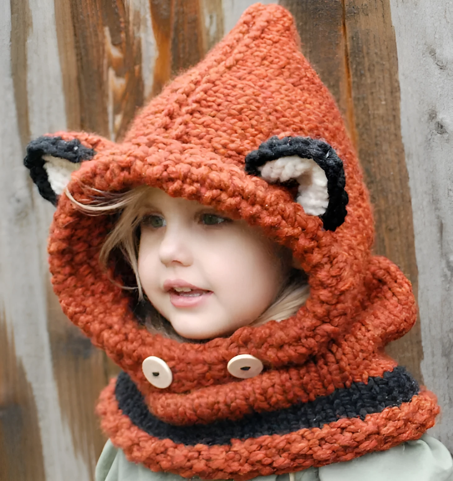 Hand-knitted acrylic children's hat with earmuff cape in gray and orange, 45-55cm size