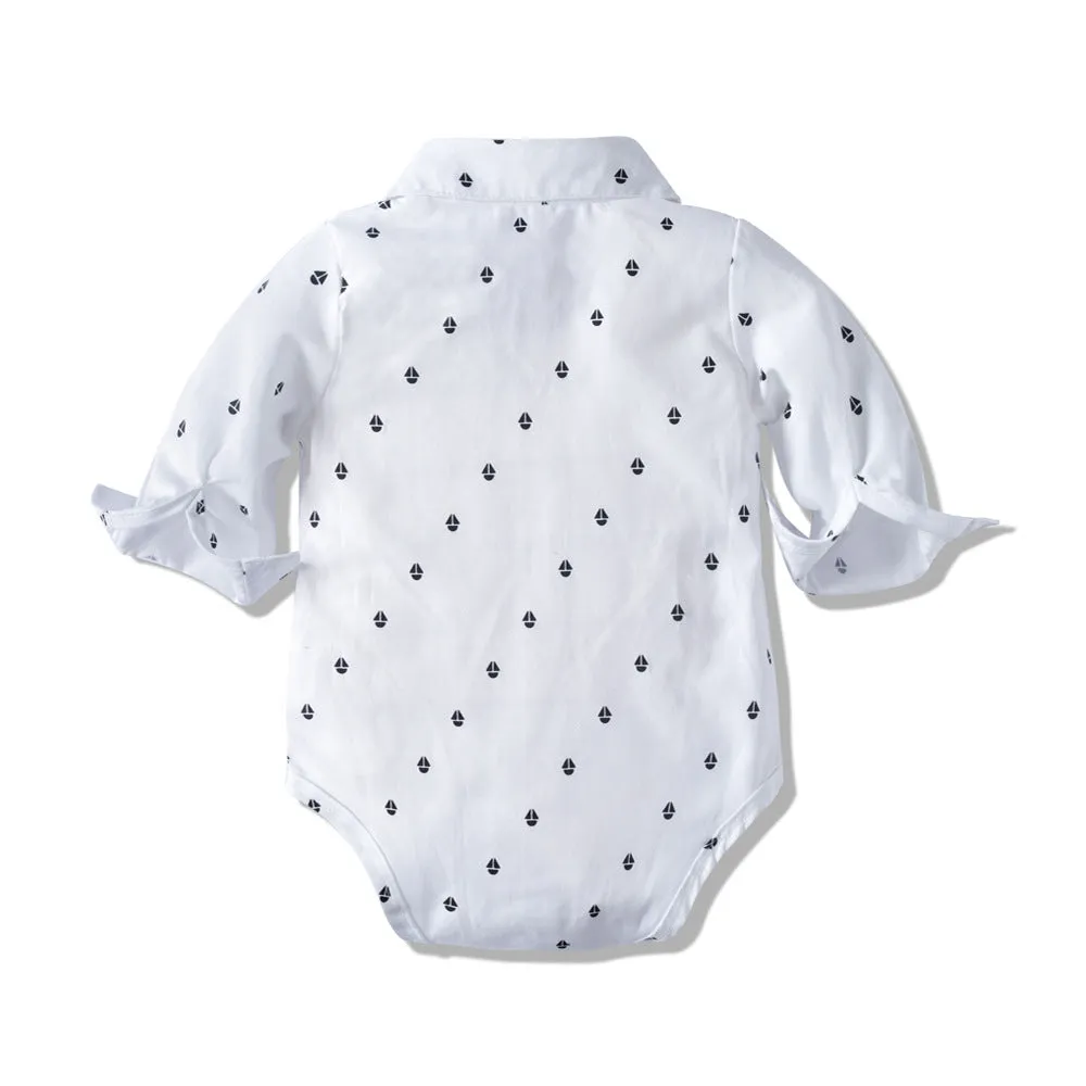Boys' autumn long sleeve khaki suit with shirt collar and y-belt, silver colour, front view