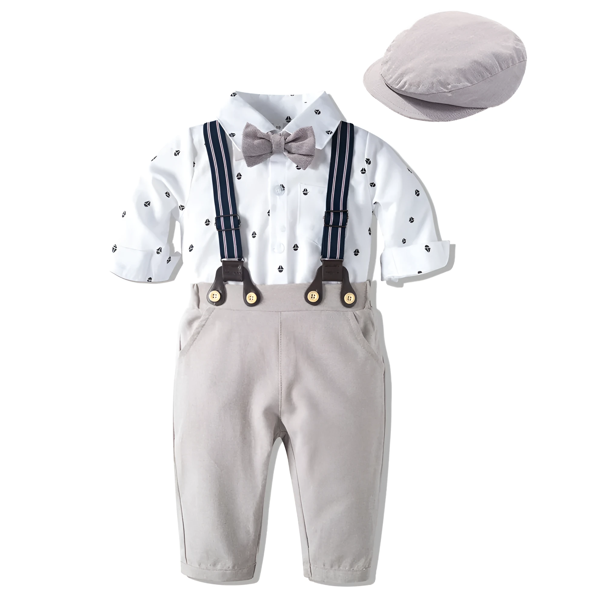 Boys' autumn long sleeve khaki suit with shirt collar and y-belt, silver colour, front view
