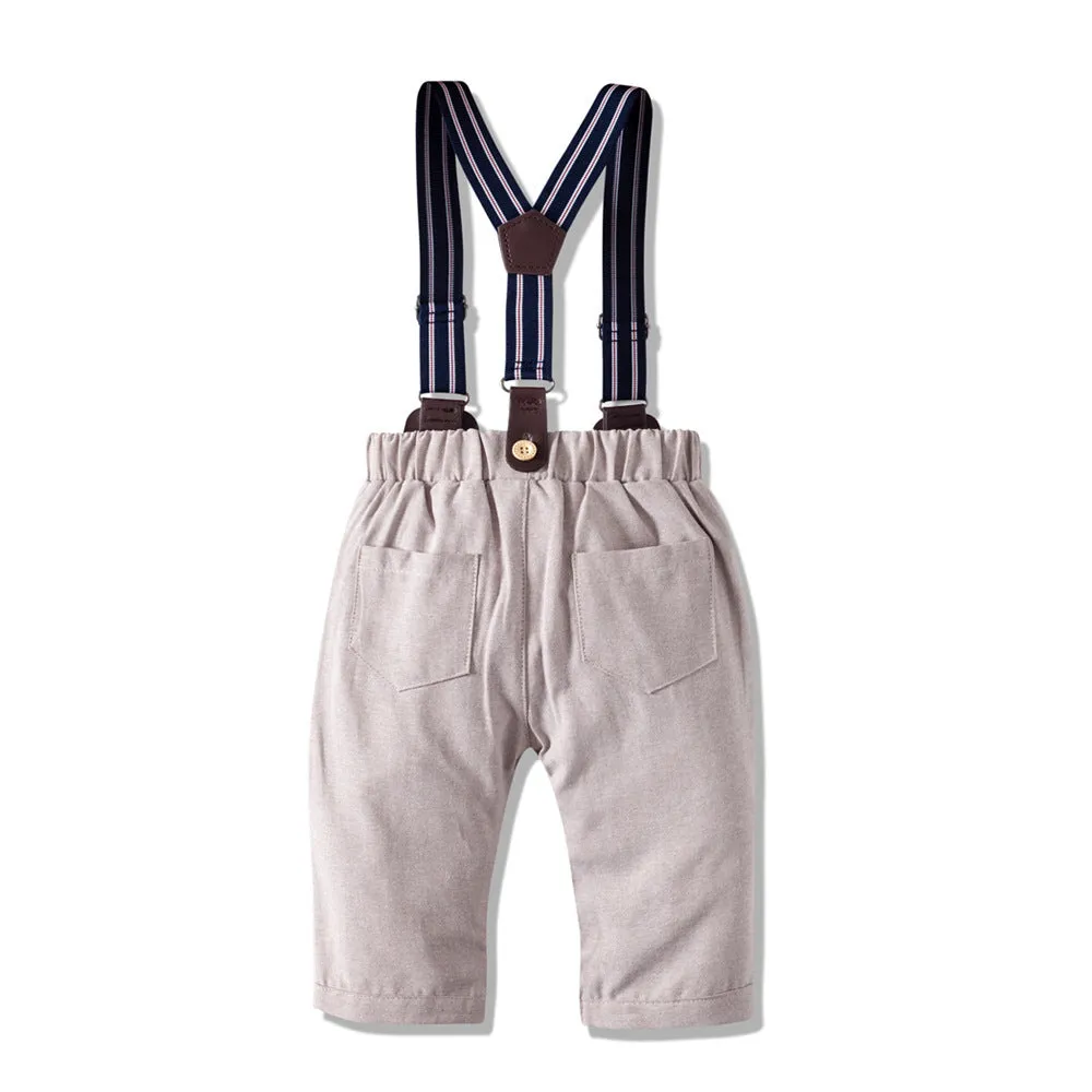 Boys' autumn long sleeve khaki suit with shirt collar and y-belt, silver colour, front view
