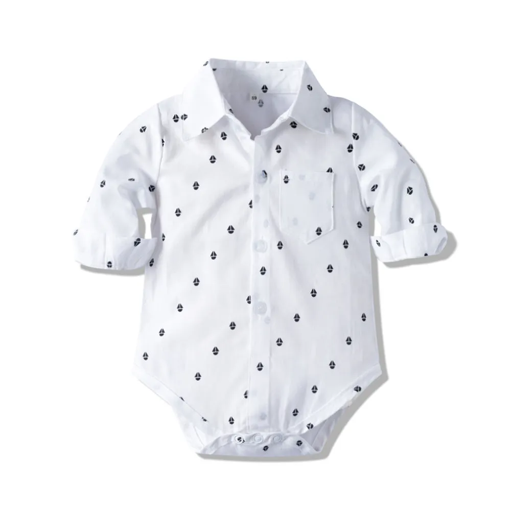Boys' autumn long sleeve khaki suit with shirt collar and y-belt, silver colour, front view