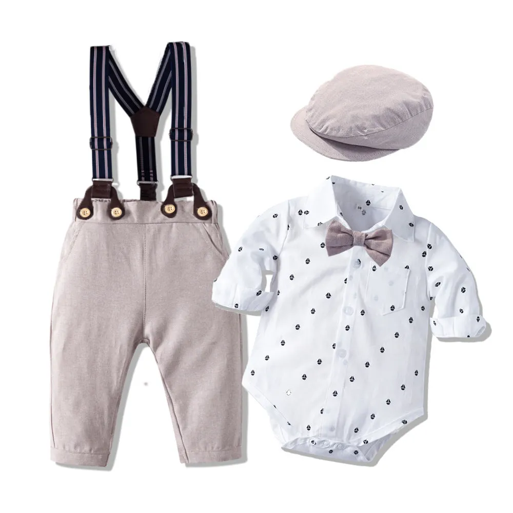 Boys' autumn long sleeve khaki suit with shirt collar and y-belt, silver colour, front view