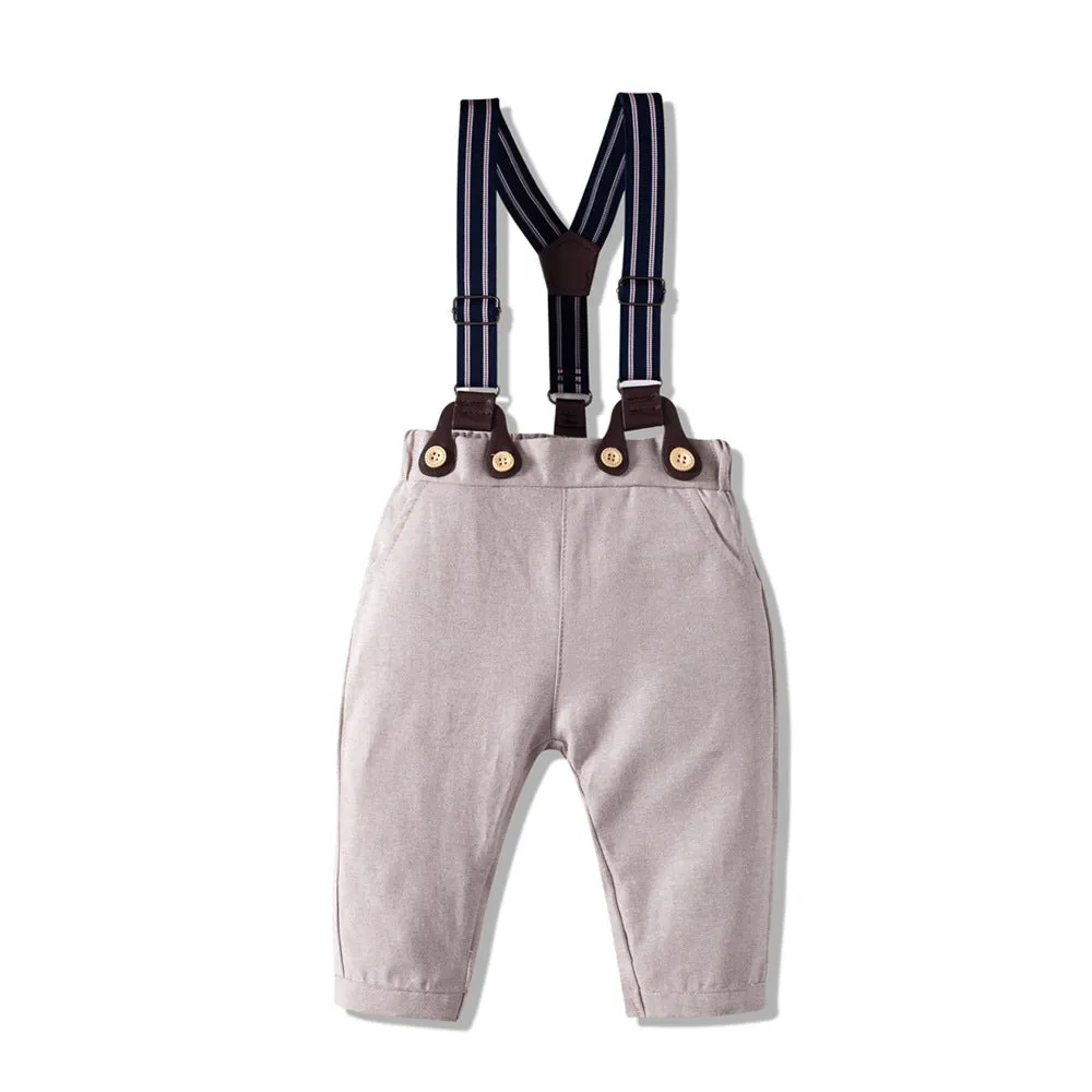 Boys' autumn long sleeve khaki suit with shirt collar and y-belt, silver colour, front view
