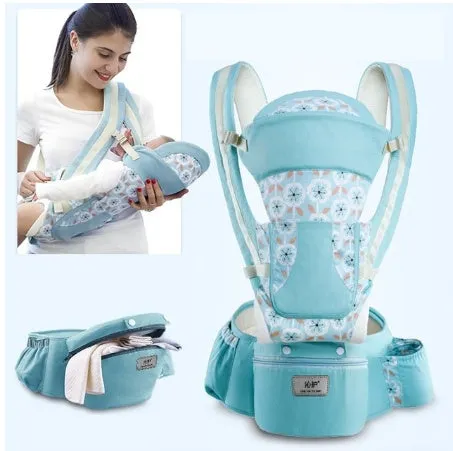 Baby waist stool carrier in blue with breathable mesh, adjustable waistband 71-110cm, cotton fabric