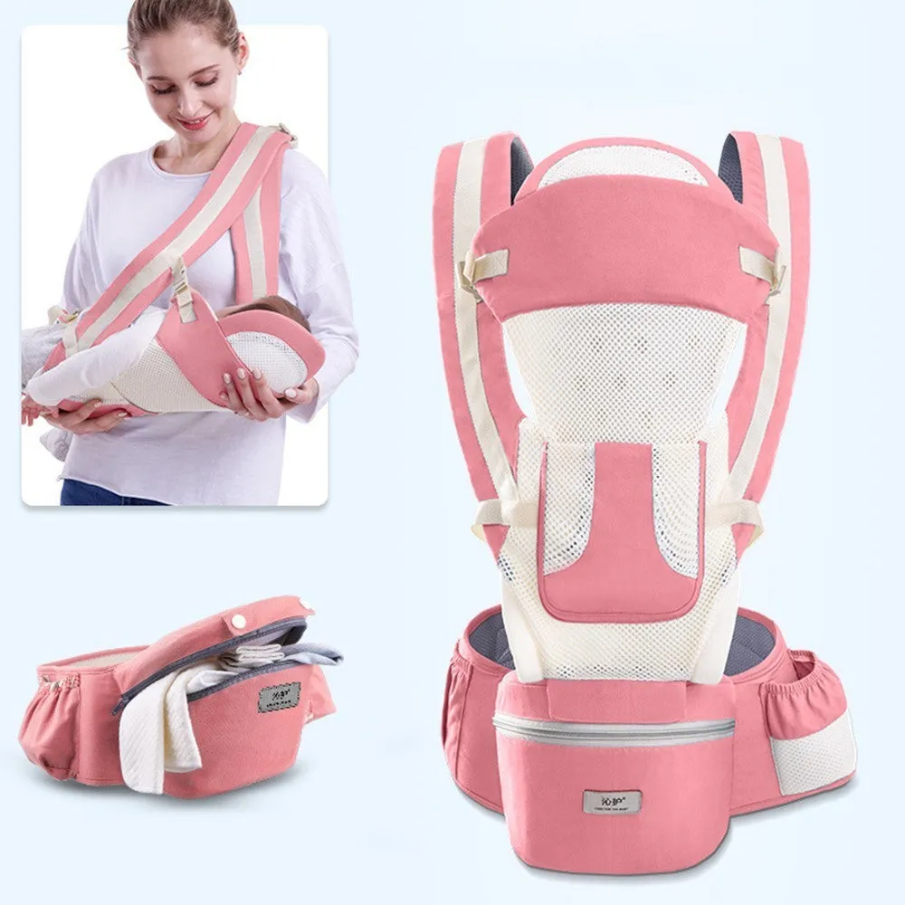 Baby waist stool carrier in blue with breathable mesh, adjustable waistband 71-110cm, cotton fabric