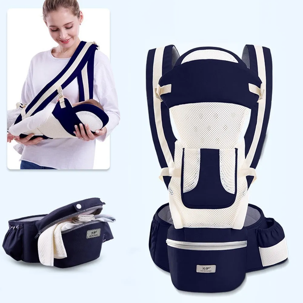 Baby waist stool carrier in blue with breathable mesh, adjustable waistband 71-110cm, cotton fabric