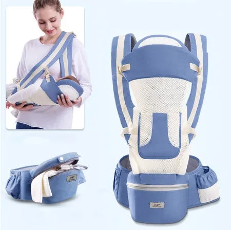 Baby waist stool carrier in blue with breathable mesh, adjustable waistband 71-110cm, cotton fabric