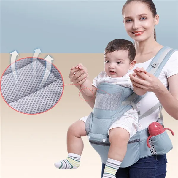 Baby waist stool carrier in blue with breathable mesh, adjustable waistband 71-110cm, cotton fabric