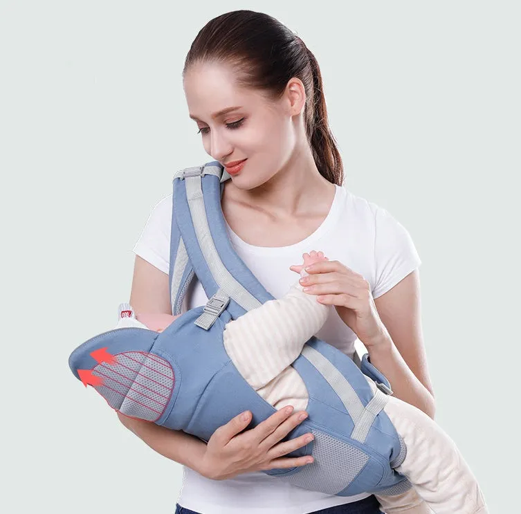 Baby waist stool carrier in blue with breathable mesh, adjustable waistband 71-110cm, cotton fabric