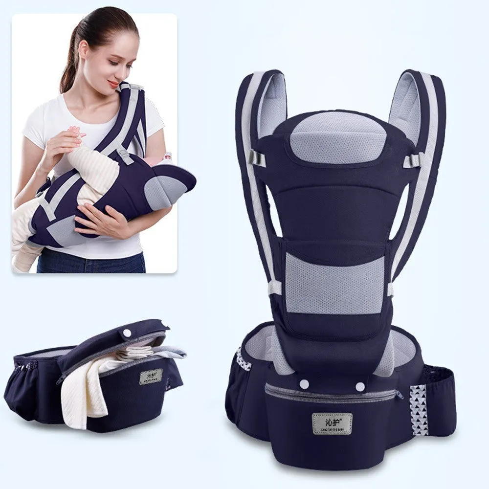 Baby waist stool carrier in blue with breathable mesh, adjustable waistband 71-110cm, cotton fabric