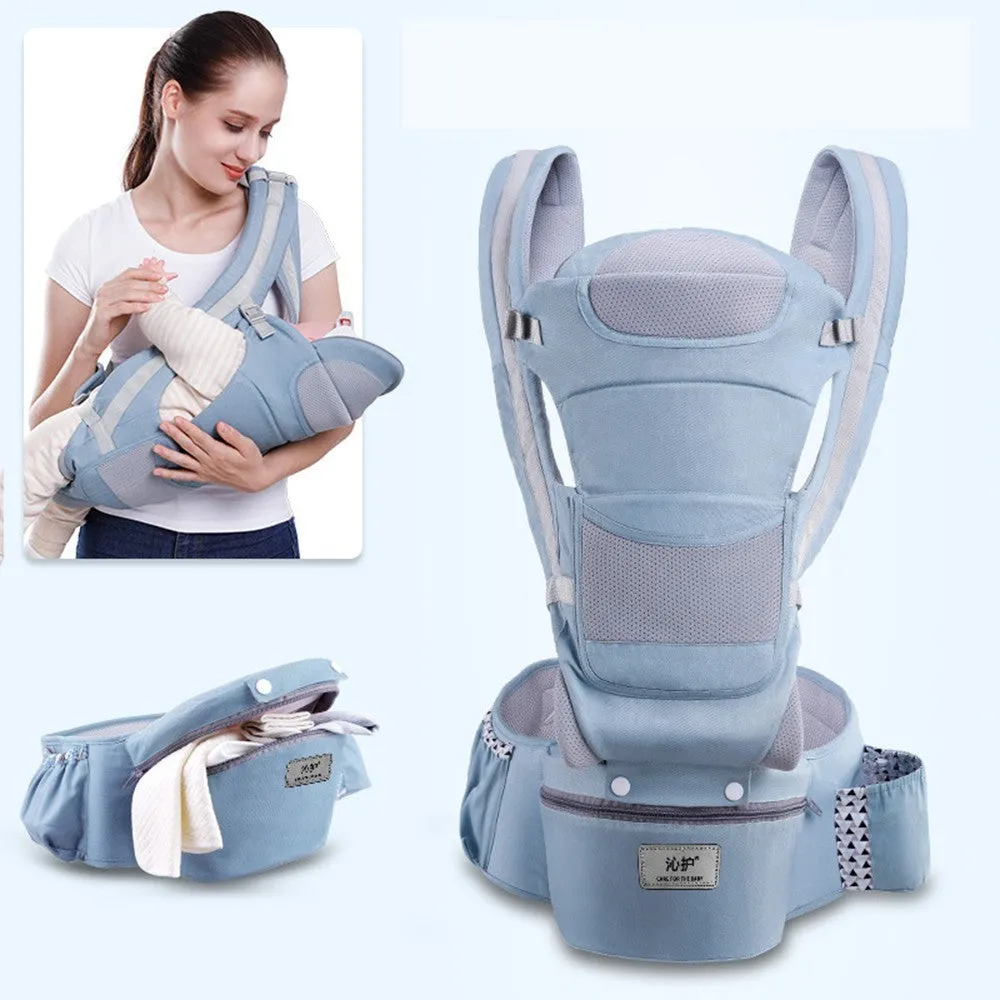 Baby waist stool carrier in blue with breathable mesh, adjustable waistband 71-110cm, cotton fabric